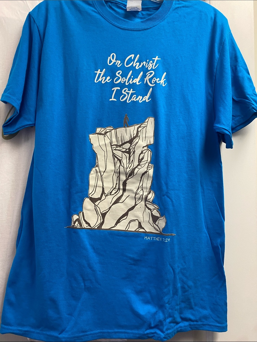 Blue Faith Graphic Short Sleeve Tee - 'On Christ the Solid Rock I Stand'- Medium
